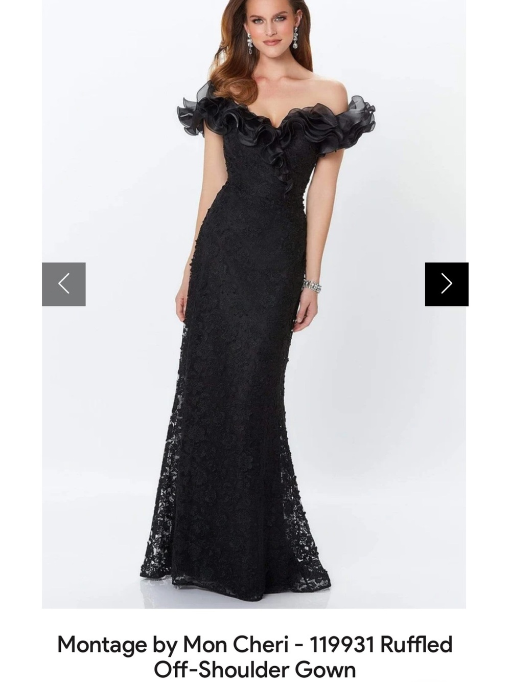 Montage by Mon Cheri Black Ruffled Off-Shoulder Lace Gown